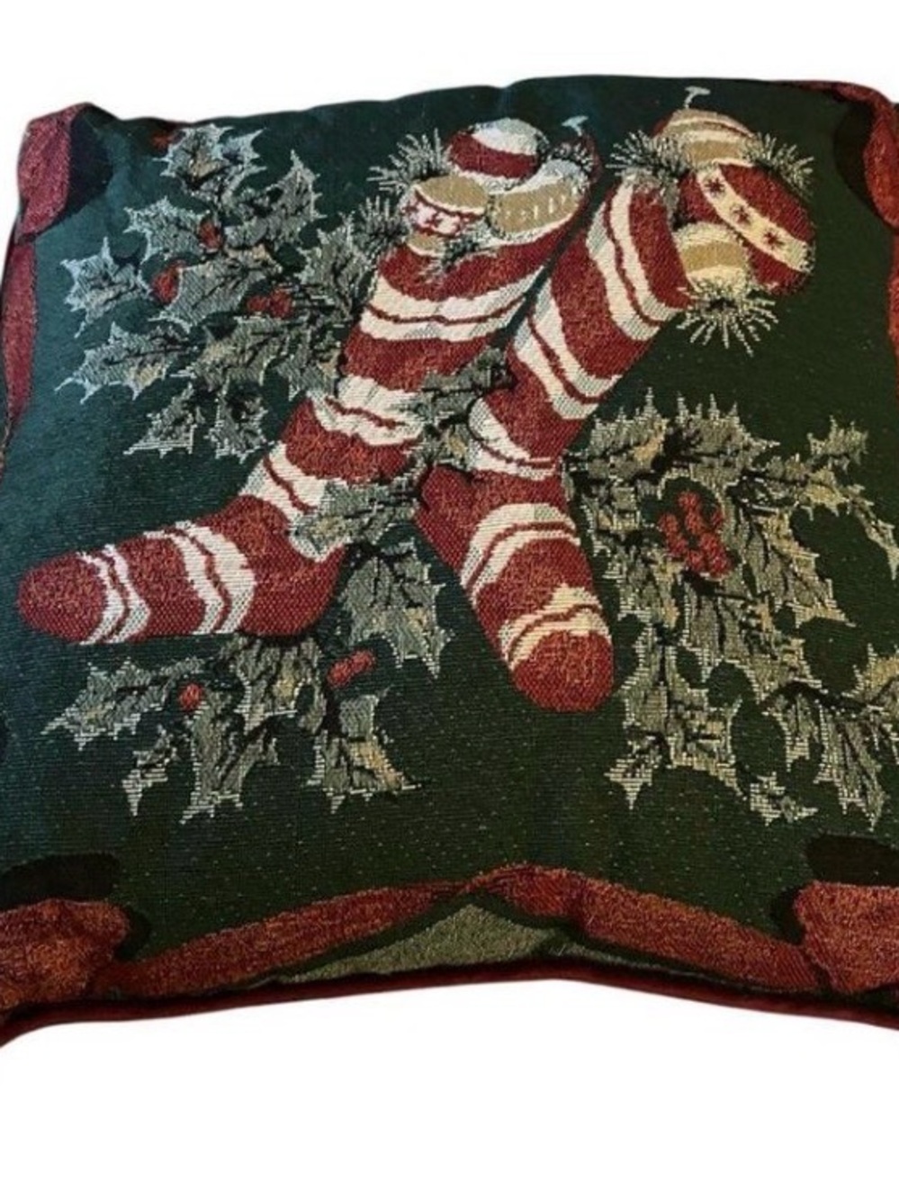 Martha Stewart green holiday pillow with stockings